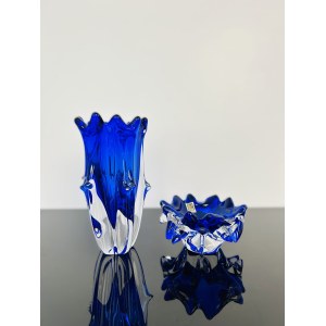 Jaroslav Taraba, Set of Cobalt Glass Vase & Ashtray, Lednické Rovné Glassworks