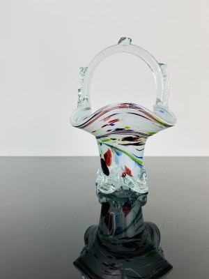 Opaline Art Glass Basket with Clear Glass Handle
