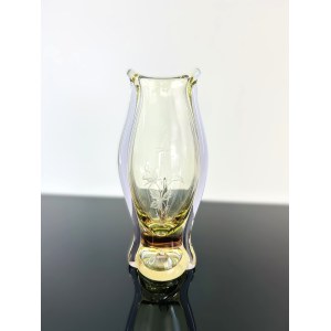 Citrine-Rosaline Glass Vase with Floral Engraving, Czechoslovak 1980s