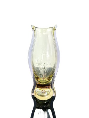 Citrine-Rosaline Glass Vase with Floral Engraving, Czechoslovak 1980s