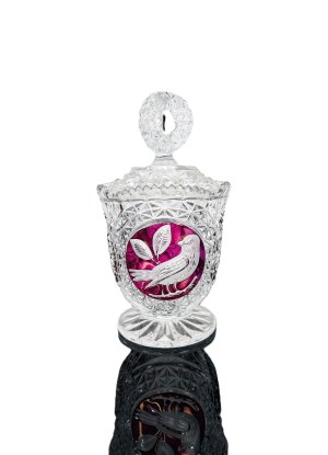 Crystal Bowl with Ruby Decoration, Czechoslovakia Cut Crystal