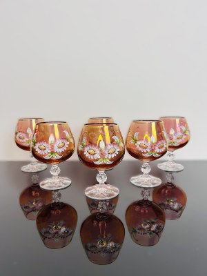 Set of 6 Enamelled Crystal Glasses with Gold Line Decoration, Czechoslovakia