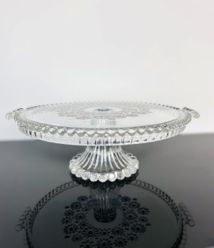 Floral Decor Art Glass Cake Stand, Czechoslovakia