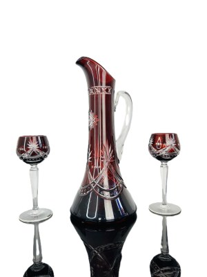 Czech Ruby Red Glass Set Hand-Engraved Jug & 2 Glasses Bohemian Ruby Crystal