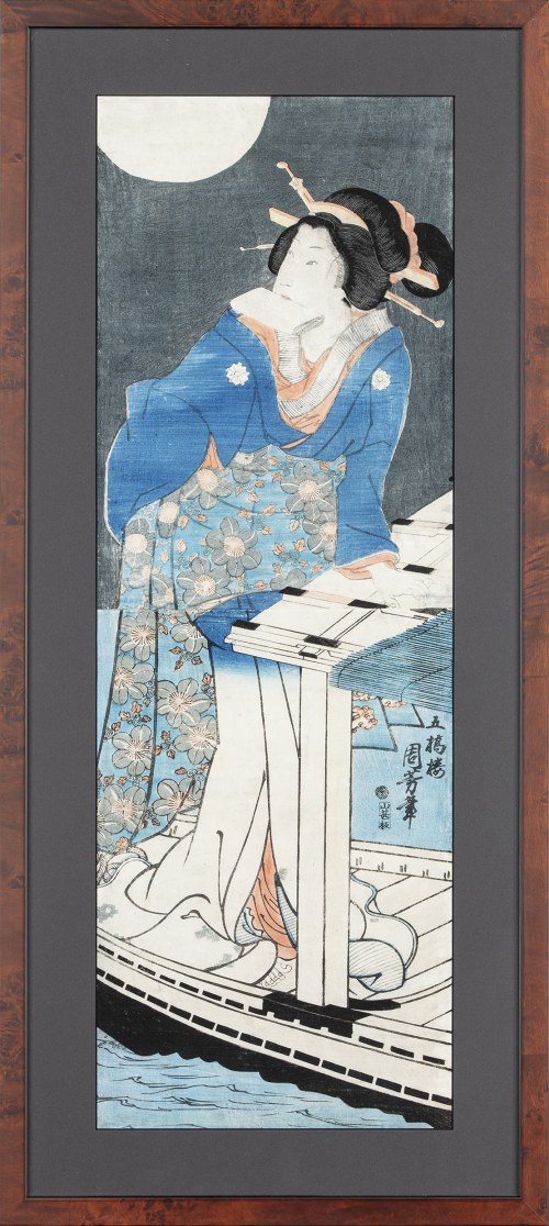 Chikayoshi Gokyoro (aktywny 1860-1875), Kobieta w łodzi. Księżyc w pełni, 1871
