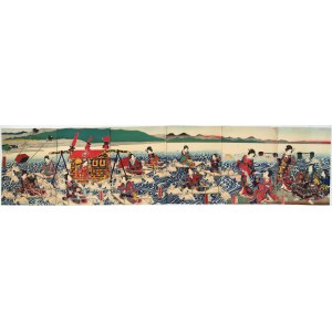 Utagawa Yoshitazu (artysta aktywny w latach 1850-1870), Książe Genji przeprawiany przez rzekę