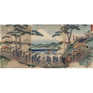 Utagawa Hiroshige II (1829-1869), Hana no tabi onna gyoretsu (pochód na tle góry Fuji), 1857 [tryptyk]