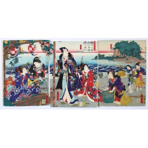 Toyohara Kunichika (1835-1900), [tryptyk] Scena na brzegu, 1850-1872