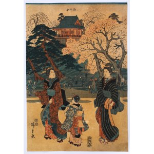 Hiroshige Andō (1797-1858), Scena w parku [środkowa część tryptyku Toto ueno hanami no zu Kiyomizudo], lata 40. XIX w.