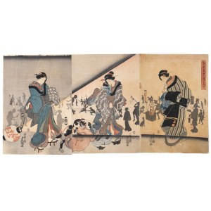Utagawa Kunisada (1786-1865), [tryptyk] Powrót pięknych kobiet z kąpięli w letnią noc (Shunseki bijo no yugaeri), lata 40. XIX w.