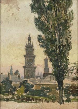 Jozef Pieniazek (1888-1953), View of the Wallachian Church and Korniakt Tower in Lviv, 1920s/30s.