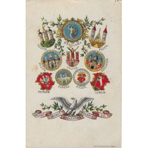 [Postkarte] Wappen der Städte des Königreichs Polen (Łęczyca, Warschau, Płock, Radom, Kalisz, Sandomierz, Piotrków, Olkusz, Kielce, Lublin) [1907].
