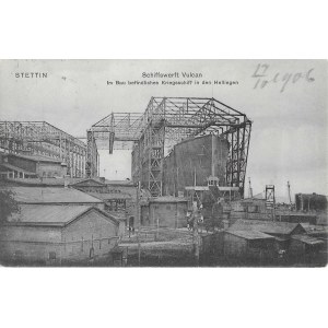[pocztówka] Szczecin (Stettin). Stocznia Vulcan. Budowa okrętu wojennego (Schiffswerft Vulcan im Bau befindliches Kriegsschiff in den Hellingen) [1906]