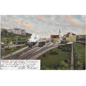 [Postcard] Danzig (Danzig). View of the railroad station and War School (Blick auf Bahnhof, links Kriegsschule) [1905].