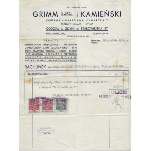 Konto der Firma Grimm Sukc. und Kamieński. Hauptsitz - Warschau, Rymarska 7. Lagerhäuser für Musikinstrumente und -geräte, Grammophone der Marke Gloriaphone und Schallplatten, Philips-Radios und andere Fabriken (...) [1935].