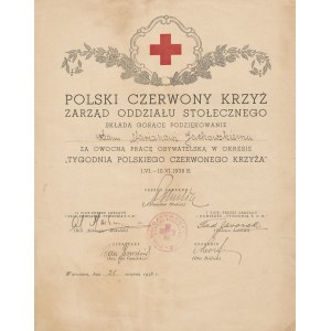 Polnisches Rotes Kreuz. Danksagung des Vorstands der Hauptstadtzweigstelle an Marian Jackowski für die fruchtbare Bürgerarbeit während der Woche des Polnischen Roten Kreuzes vom 1. bis 10. Juni 1938