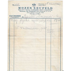 Konto der Firma Mozes Neufeld, Geschäfte: Stahl, Werkzeuge, Beschläge, Gussteile. Warschau, Plac Grzybowski 8 [1939].