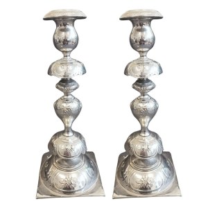 Pair of silver-plated Shabbat candlesticks, Norblin, pre-1914