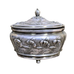 Art Nouveau sugar bowl with irises, Warsaw, J. Fraget Silver and Plated Goods Factory, ca. 1900.