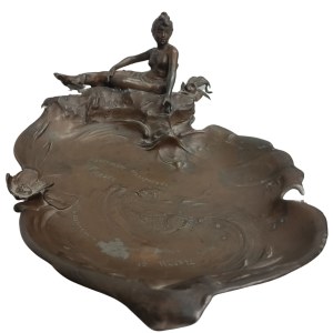 Art Nouveau patera / business card holder with dedication dated 1900.