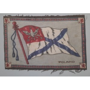 Flag on fabric - White flag with a blue cross.In the upper left corner a White Eagle on a red background.The whole on a blue background and the inscription Poland.
