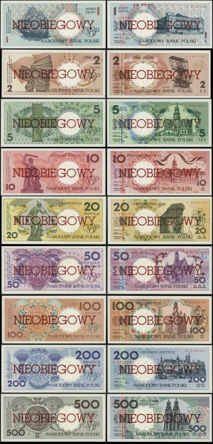 omplet of patterns: 1, 2, 5, 10, 20, 50, 100, 200, 500 zloty 1.03.1990, a set of MODELS of banknotes from the series: 