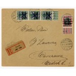 Lowicz, TETE-BECHE vertical strip of three stamps for 5 fen with local overprint on registered letter, guarantee (209)