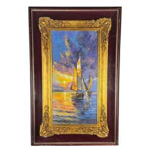 UNIDENTIFIED ARTIST, Coastal view with boats at sunset
