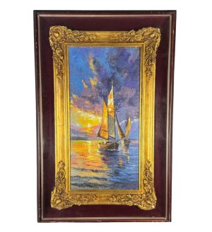 UNIDENTIFIED ARTIST, Coastal view with boats at sunset