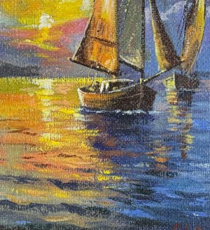 UNIDENTIFIED ARTIST, Coastal view with boats at sunset