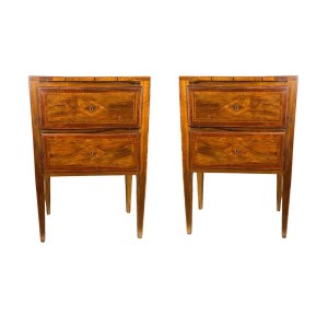 Pair of walnut veneered bedside tables in Louis XVI style