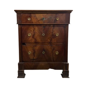 Three-drawer walnut veneered small chest with solid top