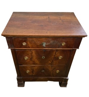 Three-drawer walnut veneered small chest with solid top