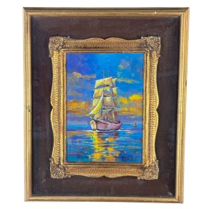 UNIDENTIFIED ARTIST, Coastal view with a boat at sunset
