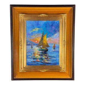 UNIDENTIFIED ARTIST, Coastal view with boats at sunset
