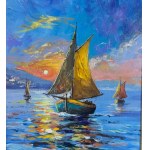 UNIDENTIFIED ARTIST, Coastal view with boats at sunset