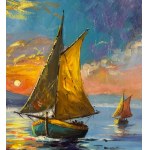UNIDENTIFIED ARTIST, Coastal view with boats at sunset