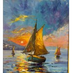 UNIDENTIFIED ARTIST, Coastal view with boats at sunset