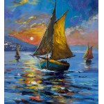UNIDENTIFIED ARTIST, Coastal view with boats at sunset