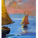 UNIDENTIFIED ARTIST, Coastal view with boats at sunset