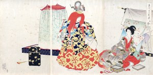 Toyohara Chikanobu (1838-1912), Spektakl Mikagura, z serii: „Wnętrze pałacu Chiyoda”, wyd. Fukuda Hatsujiro, 1895 r.