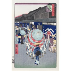 Utagawa Hiroshige (1797 - 1858), Widok na ulicę Nihonbashi itchōme, z serii: „100 słynnych widoków Edo”, wyd. Adachi, Tokio/Japonia, okres Showa po 1960 r.