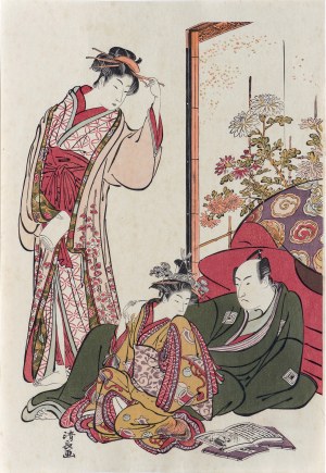 Kiyonaga Torii (1752 - 1815), Actor Ichikawa Monnosuke and the Geisha, published by the National Museum in Tokyo, Japan, ca. 1948.