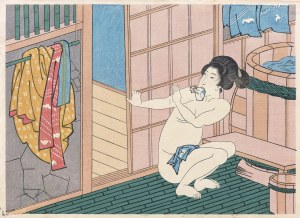 Utagawa Kuniyoshi (1798 - 1861), Naked geisha in a bathhouse, from the series: Jewel of Nohikage, Japan, pre-1960.
