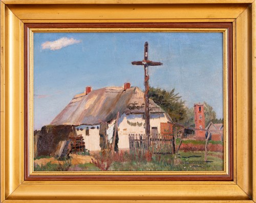 Wilhelm Tyszkowski (1878 Raj - 1939 Piaśnica), Karwia - pejzaż wiejski z chatą, 1921