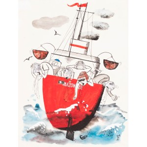 Jerzy Flisak (1930 Warszawa - 2008 tamże), Z repertuaru Mazowsza - jadą goście, jadą..., proj. ilustracji prasowej, l. 60. XX w.