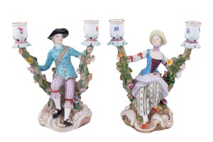Pair of double-arm candlesticks, designed by Joachim Kändler, 1755, Meissen, 2nd half of 19th century.