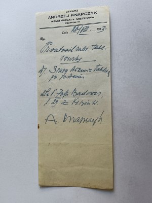 DOCTOR'S PRESCRIPTION DOCTOR ANDRZEJ KNAPCZYK, KSIĄŻ WIELKI, MIECHÓW 1943