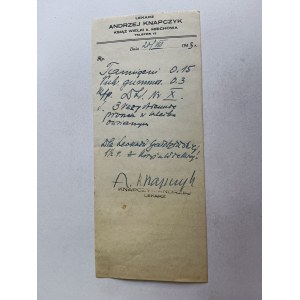 RECEPTA LEKARSKA LEKARZ ANDRZEJ KNAPCZYK, KSIĄŻ WIELKI, MIECHÓW 1943 R