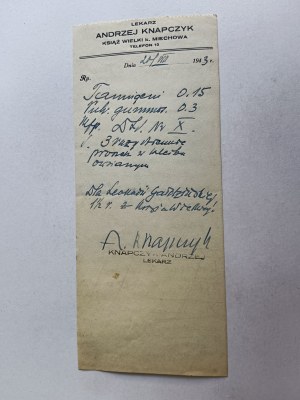DOCTOR'S PRESCRIPTION DOCTOR ANDRZEJ KNAPCZYK, KSIĄŻ WIELKI, MIECHÓW 1943